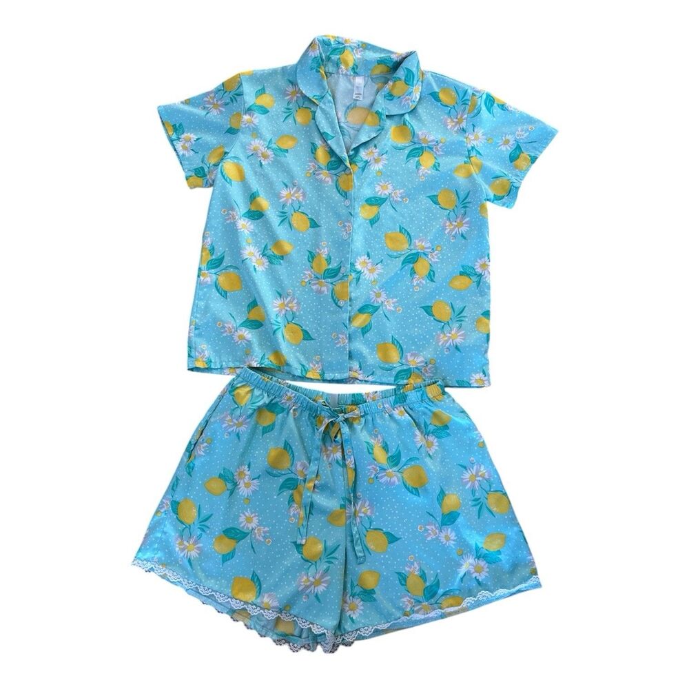 Flora Nikrooz Satin Pajama Set - Lemon & Daisy Print 2pc Shorts Set - Size M - Picture 2 of 8